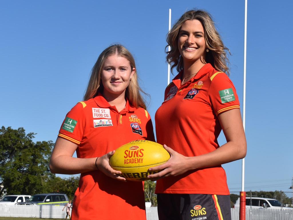 Wallis Randell (left) and Lauren Bella of the Gold Coast Suns AFLW side back in Mackay, August 28, 2021. Picture: Matthew Forrest