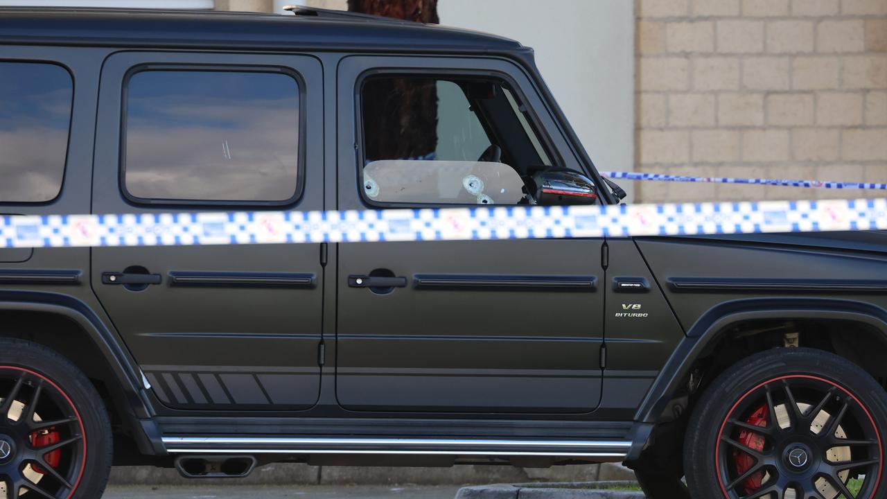 The former Mongol’s black Mercedes G-Class 4WD was peppered with bullets. Picture: Brendan Beckett