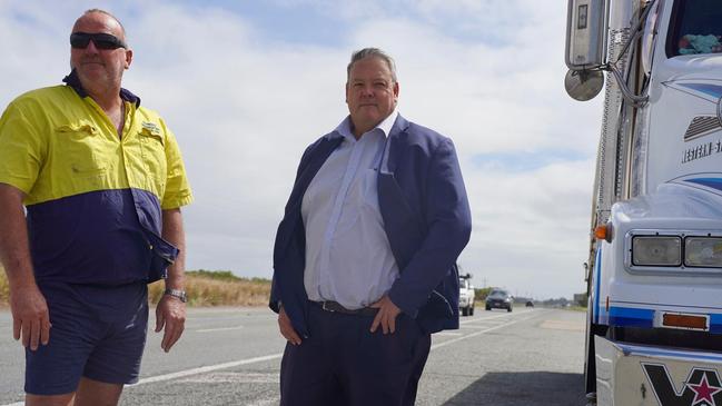 Dawson MP Andrew Willcox has launched a campaign calling for the return of 80:20 federal and state government funding for Bruce Highway road projects. He was joined at the campaign launch by transport business owner John Warren (left) who is concerned for the safety of his drivers and the costs from the damage the highway does to his trucks. âI spend in excess of $40,000 per month in fuel tax and $12,000 per truck in road registration," Mr Warren said. "We have to have roadworthy trucks, how about some truck-worthy roads.â Picture: Contributed