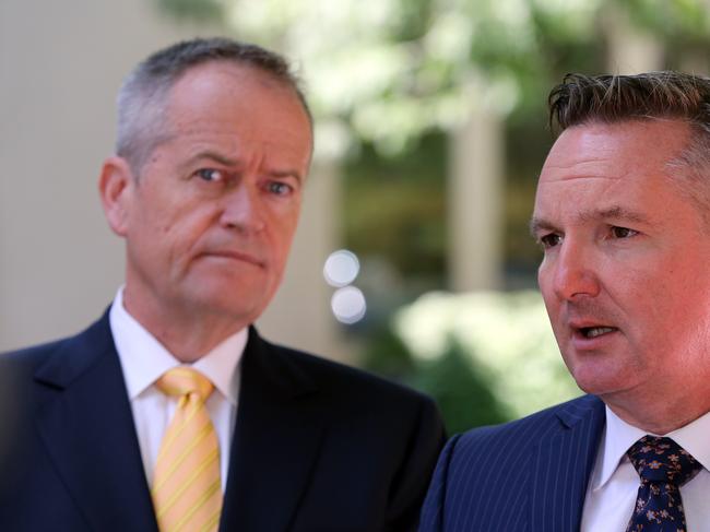 Opposition Leader Bill Shorten, Shadow Treasurer Chris Bowen and Shadow Financial Services Minister Clare O'Neil at a press conference at Parliament House, Canberra, today. Picture: Ray Strange.