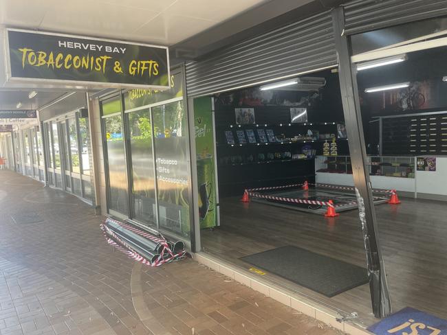 Hervey Bay Tobacconist and Gifts was involved in a car ramming incident on Wednesday morning, where four suspects drove the car into the shop front doors before making off with an undisclosed amount of cash and cigarettes.