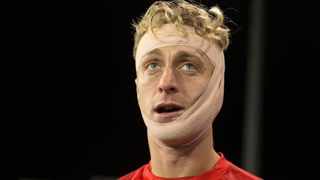 Lawrence Thomas battered and bruised during the A-League Grand Final. Picture: Getty Images
