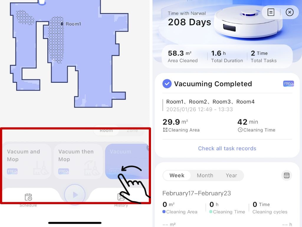 Easy cleaning customisation setting, tracking and organisation with Narwal Freo X Ultra Robotic Vacuum app. Picture: News.com/Cindy Du.