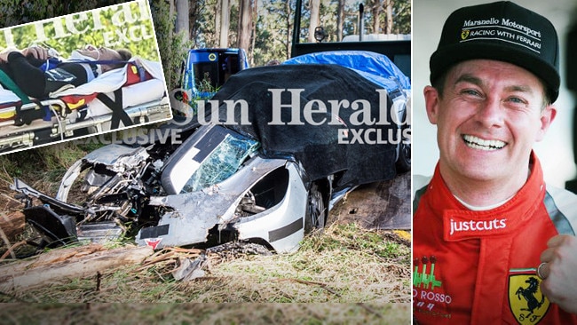 The crash scene, racing enthusiast Grant Denyer in happier times (right) and being flown to The Alfred hospital (top left).