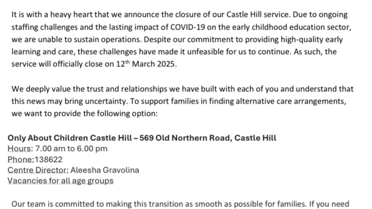 News of the Castle Hill closure. Picture: Supplied