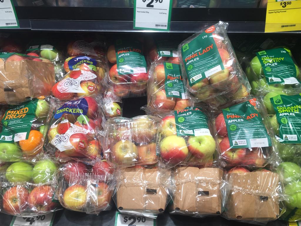 Fruit covered in plastic at a Sydney Woolworths.