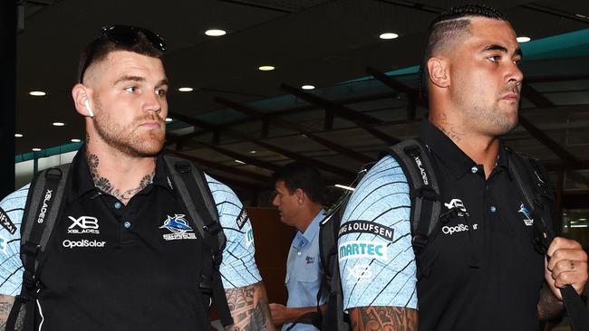 Cronulla Sharks arrive at Townsville airport ahead of their round 1 match against the North Queensland Cowboys. Josh Dugan and Andrew Fifita. . Picture: Zak Simmonds