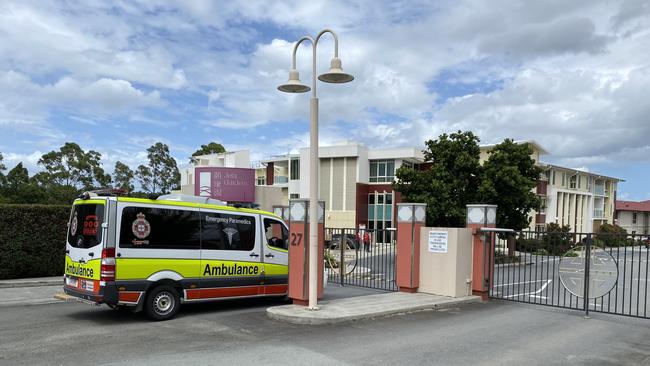 An ambulance arrives at Jeta Gardens nursing home. Picture: Annette Dew