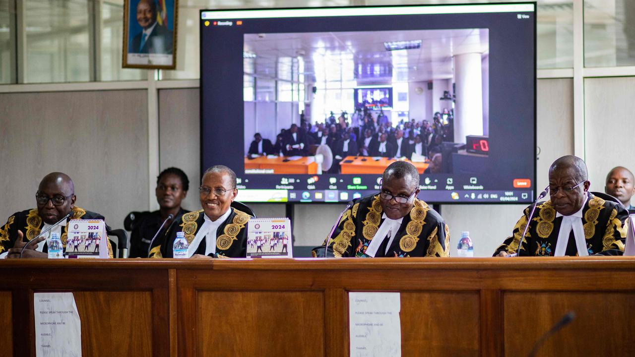 Uganda's deputy chief justice and head of the court Buteera (second right), with other five judges, delivers a judgment on the constitutionality of the Anti-Homosexuality Act in Kampala on April 3, 2024. Picture: Badru KATUMBA / AFP