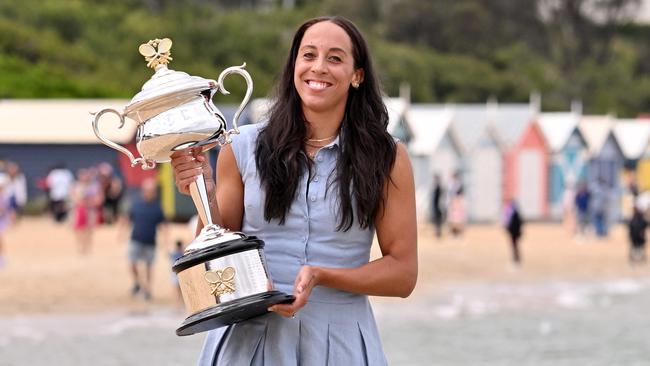 USA's Madison Keys poses with the 2025 Australian Open winner's trophy on Brighton Beach in Melbourne on January 26, following her victory over Belarus' Aryna Sabalenka in the women's singles final. Picture: AFP