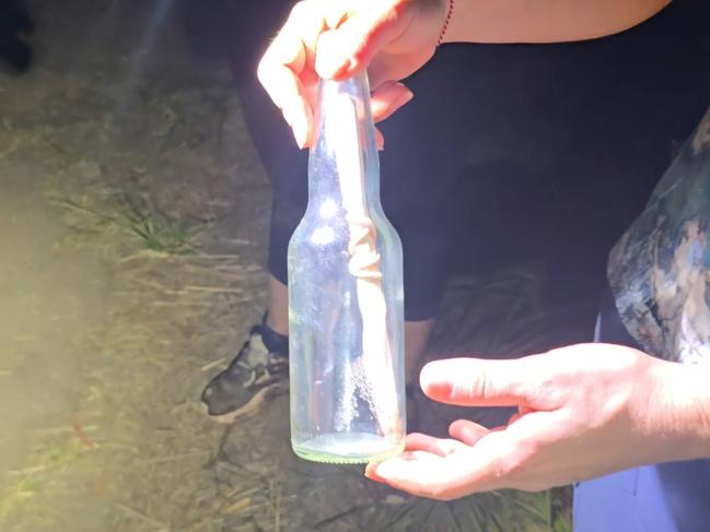 The message contained in the Schweppes bottle set adrift from Navini Island Resort in Fiji by three girls from Sunnyvale, California, eight years ago. Picture: Supplied