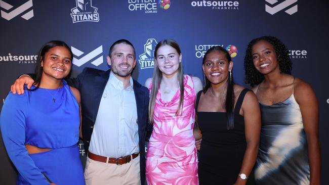 Eta Sikahele, Aaron Booth, Takoda Thompson, Savannah Roberts-Hickling and Phoenix-Raine Hippi at the Gold Coast Titans NRLW 2025 Season Launch at Isoletto The Star Gold Coast. Picture, Portia Large.