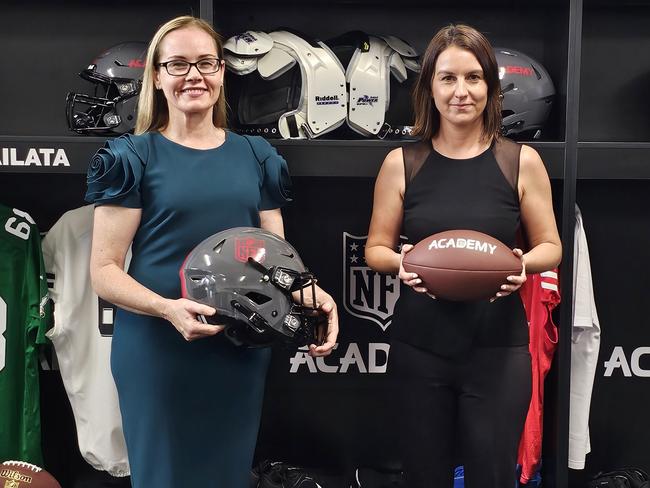 A.B. Paterson College Principal Joanne Sheehy (left) and NFL Australia and New Zealand general manager Charlotte Offord. Picture: Supplied by A.B. Paterson College