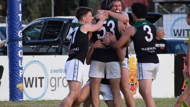 Greenvale players celebrate a goal against East Keilor. Photo: Greenvale FC/Facebook.