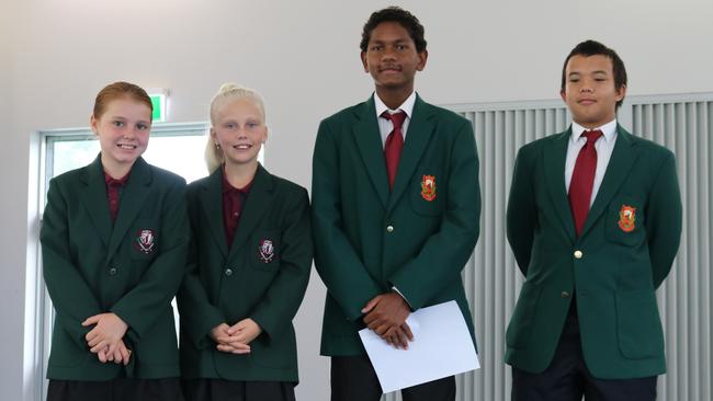 Wondai State School 2023 leaders. Primary Captains: Macie Zischke and Emily Astill, School Captains: Reuben Simpson and Robert Cairns.