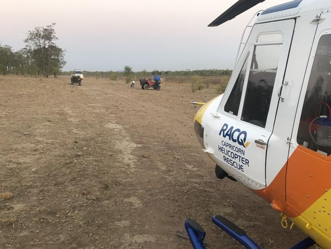 Capricorn Helicopter Rescue Service lands at the scene of a quad bike accident  west of Rockhampton with a  Critical Care Paramedic and doctor to attend to the woman's injuries.