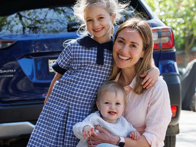 DAILY TELEGRAPH NOVEMBER 13, 2023Hannah Mansur and daughters Lily, 1 and Grace, 5 for a motoring feature about stopping kids getting locked in hot cars. Picture: David Swift.