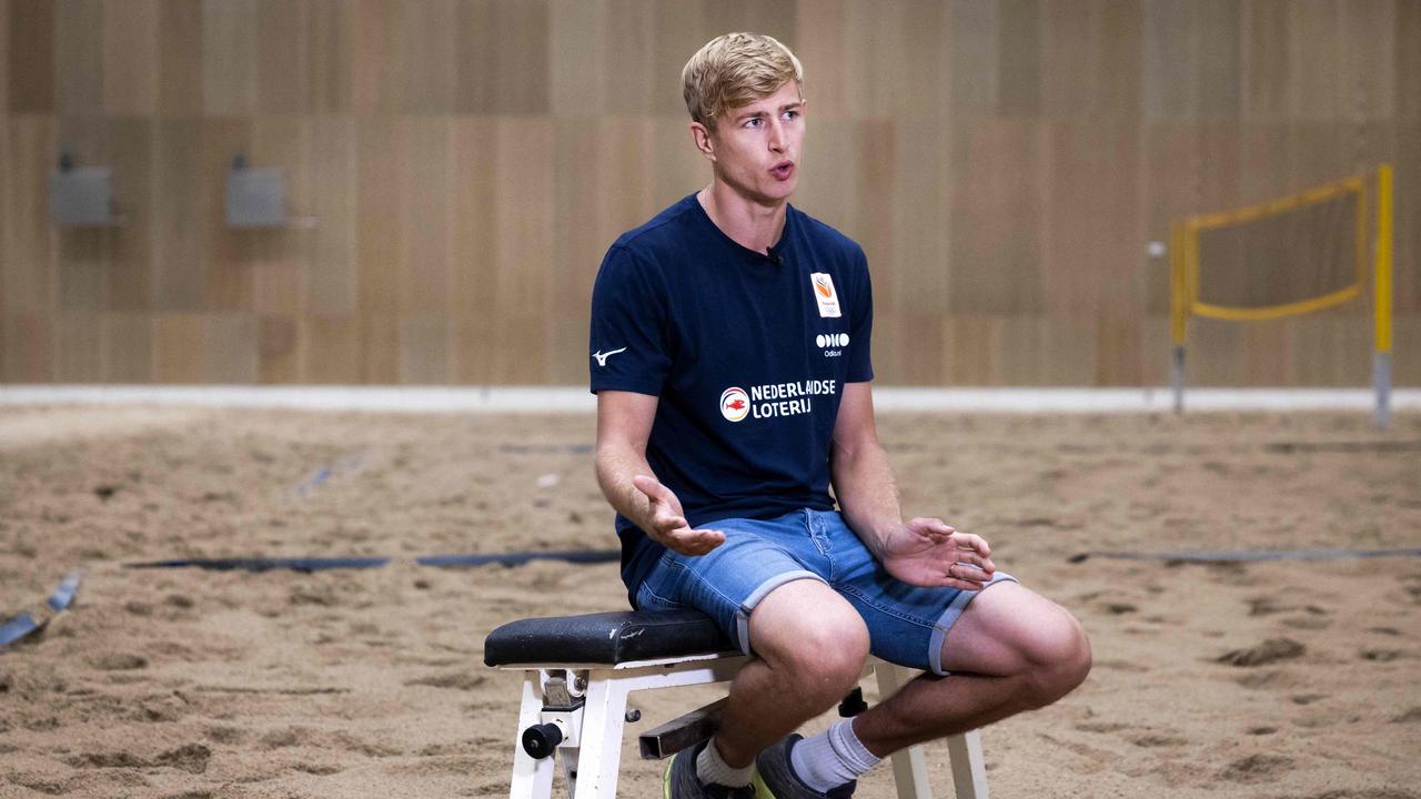 Netherlands' volleyball player Steven van de Velde addresses media. Picture: AFP