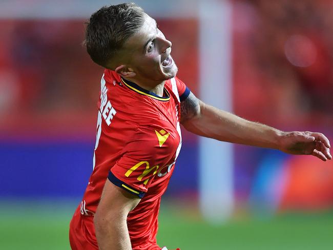 Riley McGree celebrates scoring for United. Picture: Getty Images