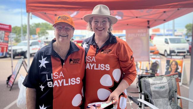 CLP candidate for Solomon Lisa Bayliss with a volunteer at an early voting centre in Darwin on Tuesday, April 22. Pic: Fia Walsh.
