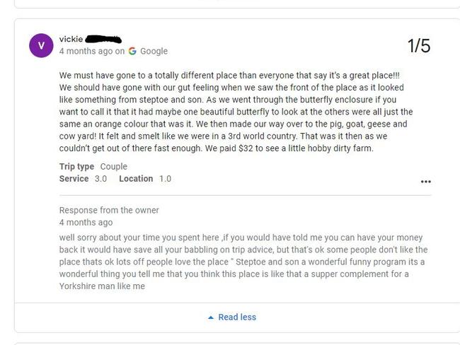 Batchelor Butterflyfarm Farm owner Christopher Horner responds to negative reviews on his business page in a hilarious manner. Picture: Google Reviews.