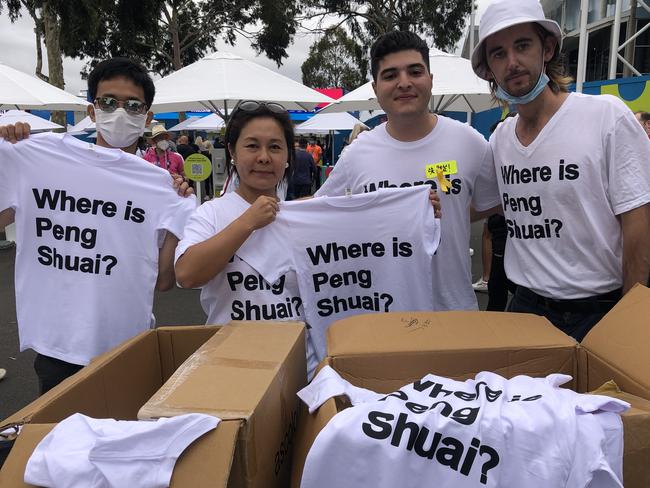 Activists hand out 'Where is Peng Shuai?' tops at the Australian Open women's final.