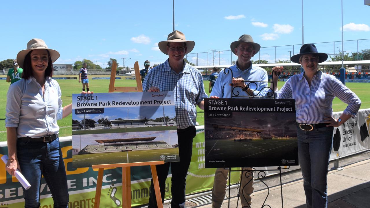 Premier Annastacia Palaszczuk, Treasurer Cameron Dick, Rockhampton MP Barry O'Rourke and Keppel MP Brittany Lauga look over the plans for the massive Browne Park redevelopment.