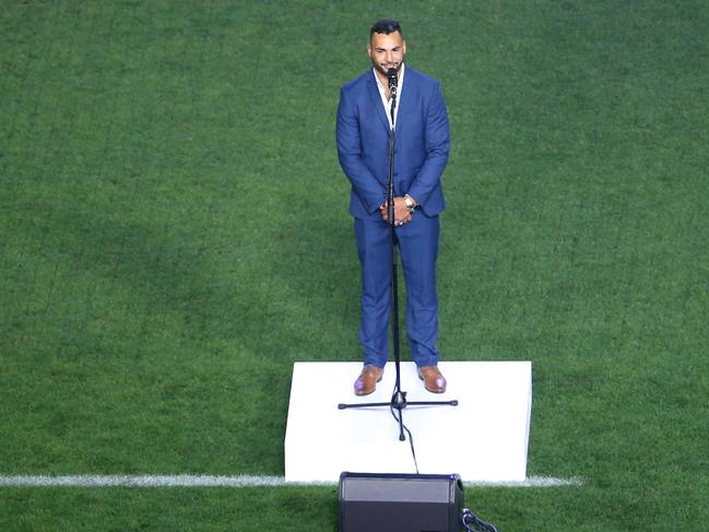 Ryan James performs the Welcome to Country during the 2019 NRL Grand Final match between the Canberra Raiders and the Sydney Roosters at ANZ Stadium on October 06, 2019 in Sydney, Australia. (Photo by Jason McCawley/Getty Images)