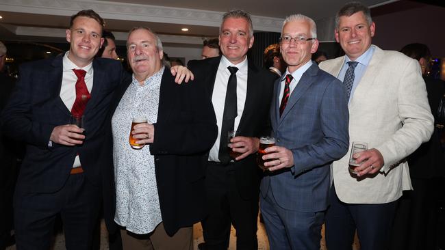 MELBOURNE, AUSTRALIA – OCTOBER 9 2024Ollie Gildea, Tom Brain David Walter, Peter Higginbothan and Graham Higginbothan at the VAFA Awards Night at the San Remo Ballroom in Carlton on October 9, 2024Picture: Brendan Beckett