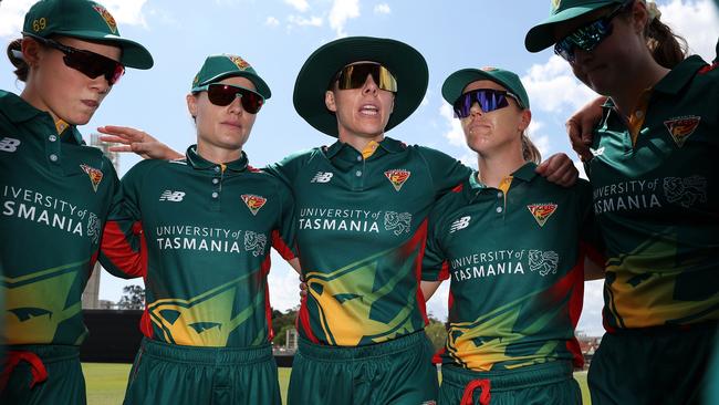 Tasmania Tigers captain Elyse Villani (centre) addresses her team before taking to the field during an WNCL match against Western Australia at the WACA in September. Picture: Paul Kane/Getty Images