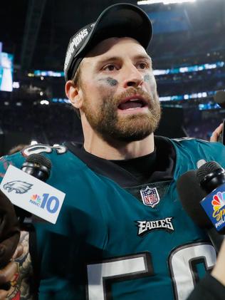 Chris Long celebrates his teams 41-33 victory over the New England Patriots in Super Bowl LII at U.S. Bank Stadium. Picture: Getty/AFP/Kevin C. Cox