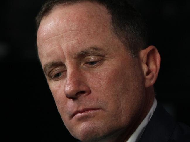 Crows Coach Don Pyke, Chairman Rob Chapman and CEO Andrew Fagan talk to media at a press conference at Adelaide Crows HQ in West Lakes about Don Pyke's decision to step down as Senior Coach of the Adelaide Football Club. (AAP/Emma Brasier)