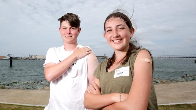 Charlie Blanshard and Emily Worthington, both 14, are among the Queensland teens getting vaccinated early. Picture: Steve Pohlner