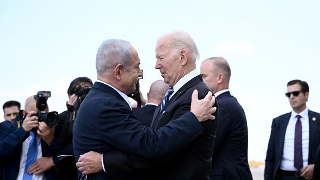 Israeli Prime Minister Benjamin Netanyahu greets US President Joe Biden.