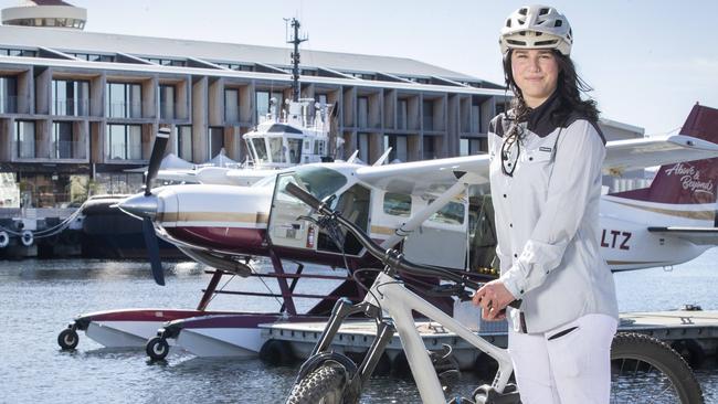 Meadowbank MTB guide Leyla Sharman at Above and Beyond Tasmanian Seaplanes, Hobart. Picture: Chris Kidd