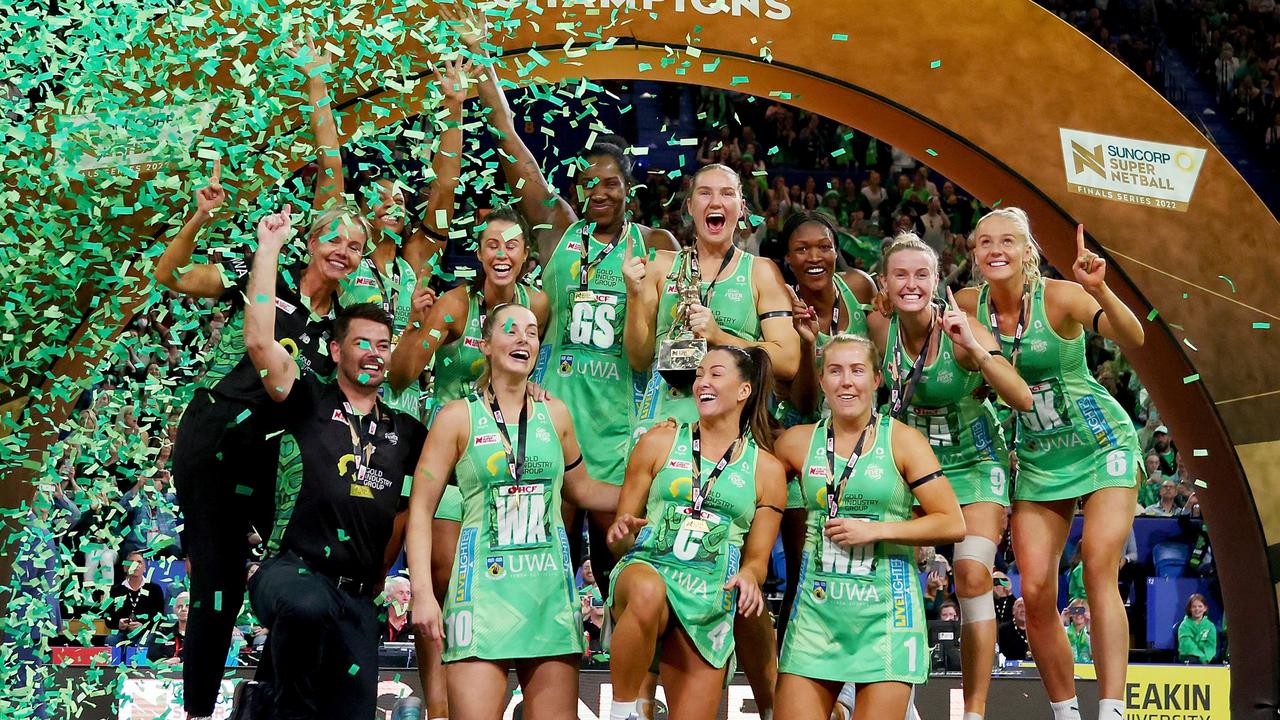 West Coast Fever players Celebrate winning the Super Netball Grand Final. Photo by James Worsfold/Getty Images.