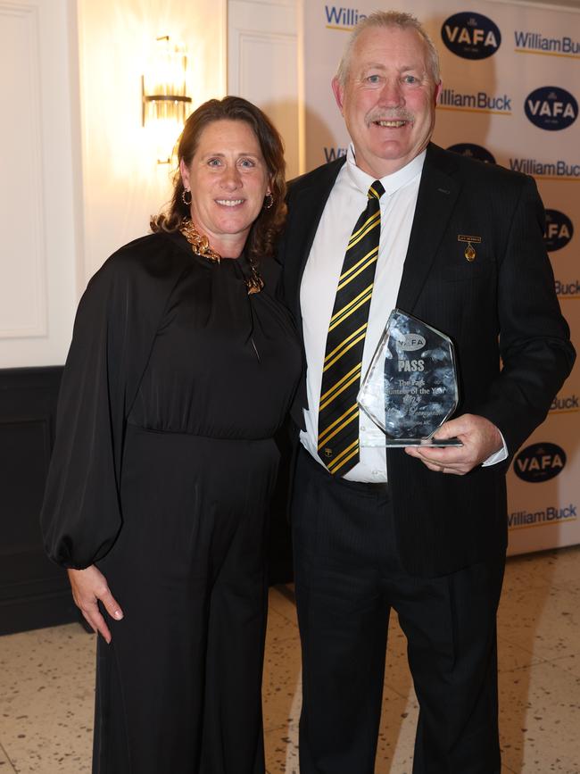 MELBOURNE, AUSTRALIA – OCTOBER 9 2024Megan Wallace and Michael Learmonth at the VAFA Awards Night at the San Remo Ballroom in Carlton on October 9, 2024Picture: Brendan Beckett