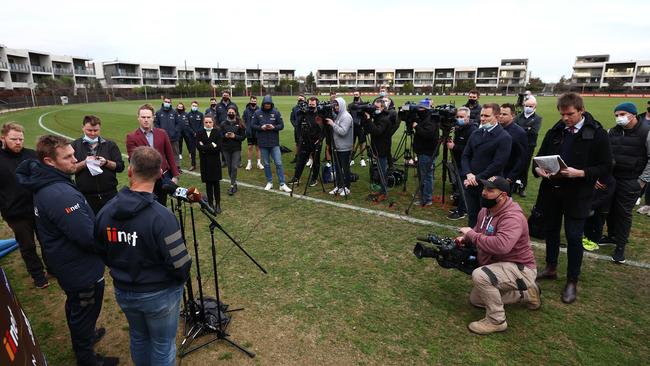 Clarkson and Mitchell talk to the large media throng. Picture: Michael Klein