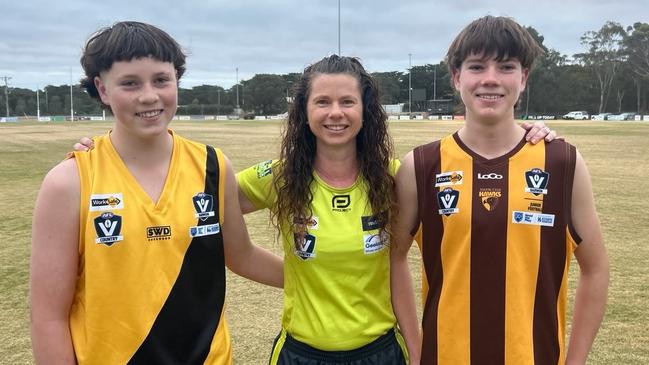 Katherine Towart umpired her two boys, Daniel and Mitch, in the Bannockburn v Inverleigh match. Picture: Katherine Towart.