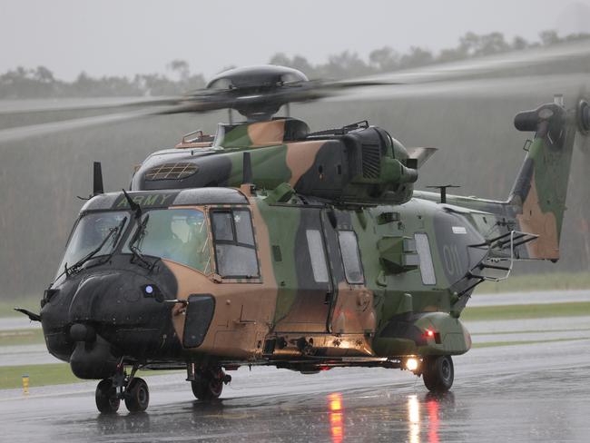 An Australian Army MRH-90 Taipan helicopter from the School of Army Aviation prepares to take off from Ballina airport in New South Wales, as part of Operation Flood Assist 2022. Photo: Bradley Richardson.