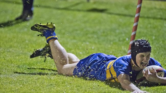 Joseph Currie scores a try for TGS. Grammar vs Downlands for the O'Callaghan Cup. Saturday, 1st Aug, 2020.