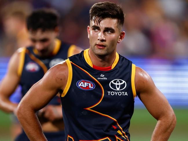 ADELAIDE, AUSTRALIA - APRIL 04: Josh Rachele of the Crows looks dejected after a loss during the 2024 AFL Round 04 match between the Adelaide Crows and the Melbourne Demons at Adelaide Oval on April 04, 2024 in Adelaide, Australia. (Photo by Michael Willson/AFL Photos via Getty Images)