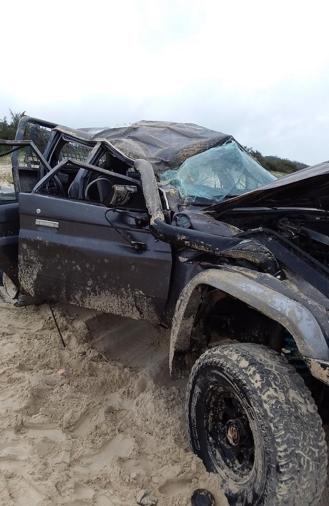 Hooning and dangerous driving has long been an issue on Teewah Beach, with a destroyed ute pictured here in 2021. Picture: DES