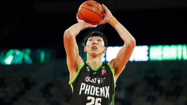 Zhou Qi shoots a free throw during the round one NBL match between South East Melbourne Phoenix and New Zealand Breakers at John Cain Arena in Melbourne. Picture: Getty Images