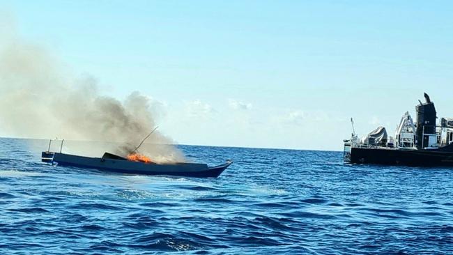 An illegal Indonesian fishing boat destroyed by the Australian Border Force.