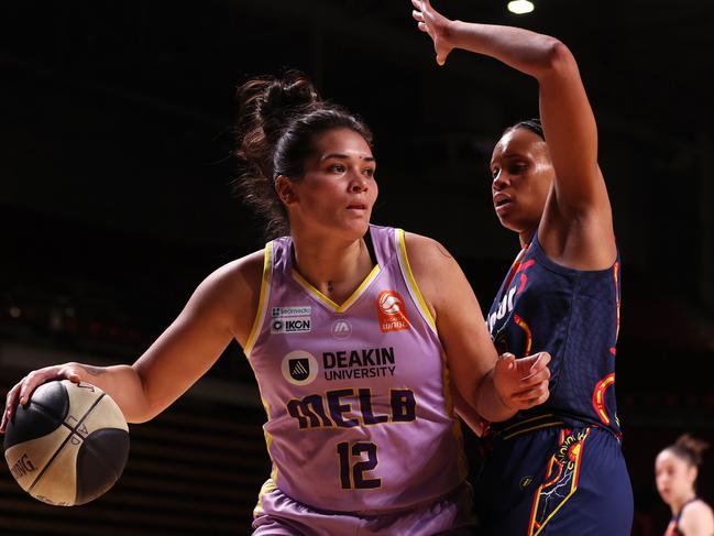 ADELAIDE, AUSTRALIA - NOVEMBER 01: Penina Davidson of the Melbourne Boomers and Brianna Turner of the Adelaide Lightning during the WNBL match between Adelaide Lightning and Melbourne Boomers at Adelaide Arena, on November 01, 2023, in Adelaide, Australia. (Photo by Sarah Reed/Getty Images)