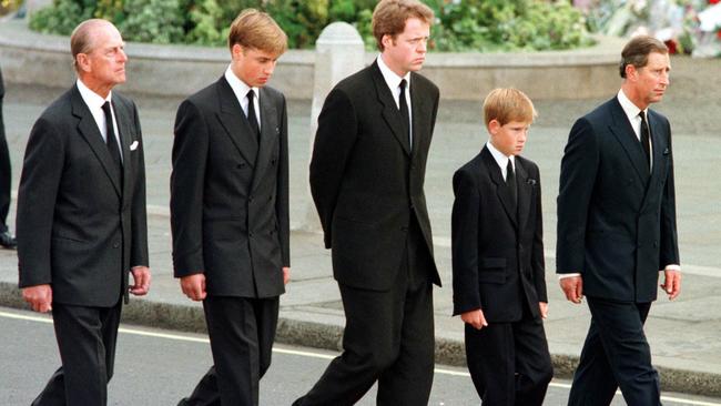 The Duke of Edinburgh, Prince William, Earl Spencer, Prince Harry and Prince Charles walking outside Westminster Abbey during the funeral service for Diana, Princess of Wales in 1997. Picture: AFP).