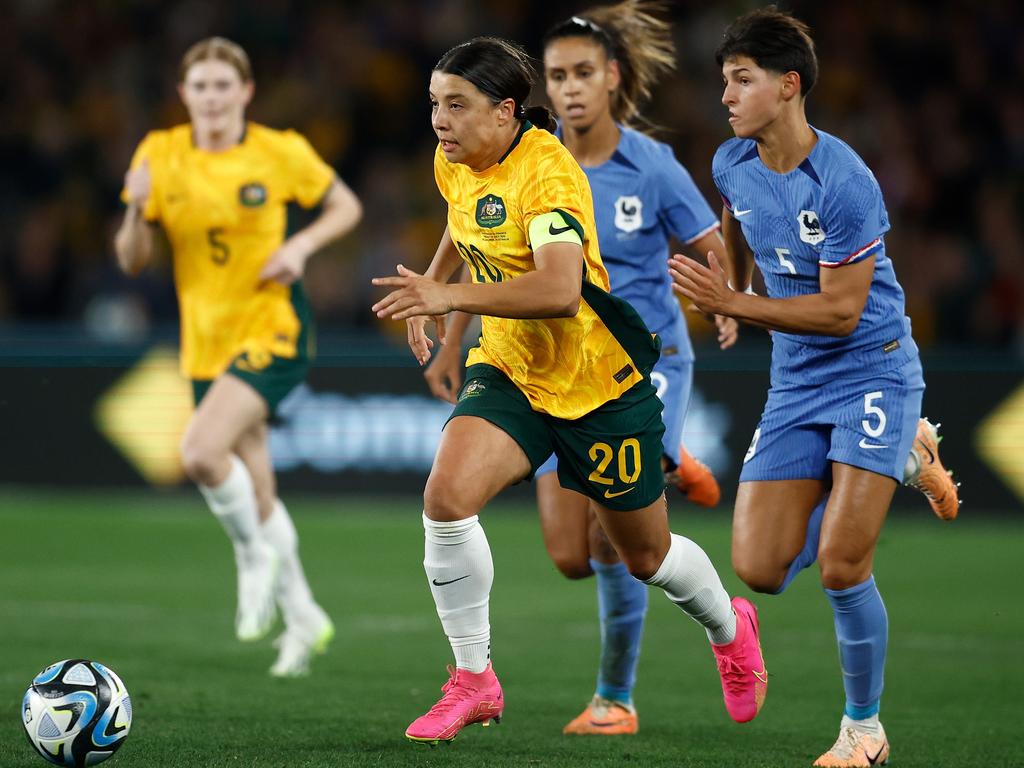 Australia and France are clashing in a World Cup quarter-final, having squared off against each other in a warm-up game for the tournament. Picture: Daniel Pockett/Getty Images