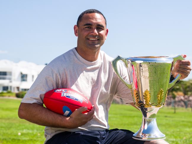 Shaun Burgoyne welcomed the AFL Premiership Cup in Darwin on its national tour ahead of the 2024 Grand Final. Picture: Jono Laird