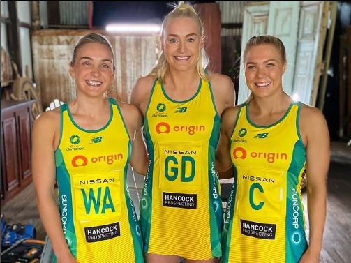 Australian Diamonds netballers Lizzy Watson,  Jo Weston and  Kate Moloney with their uniforms showing Hancock Prospecting logo.Picture: instagram